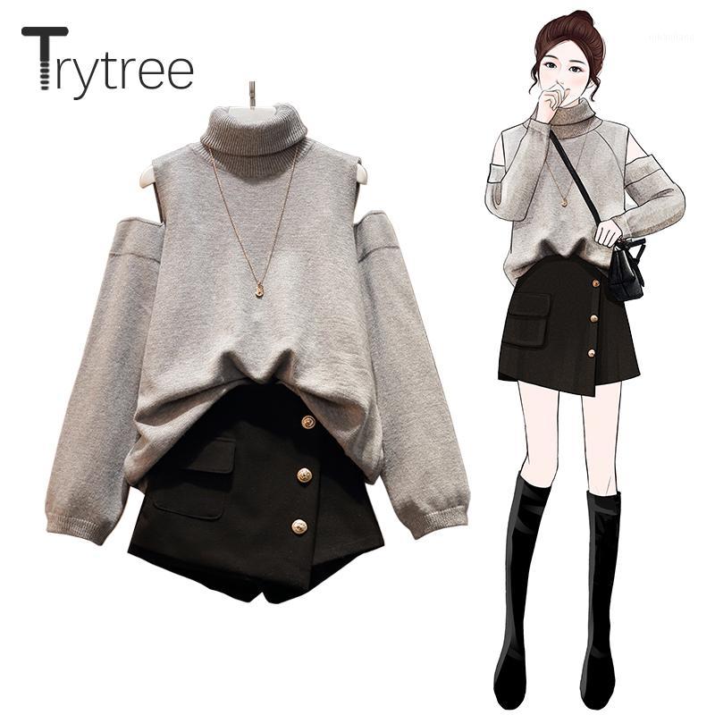 

Trytree Autumn Winter Two piece set Casual Turtleneck Loose Sweater Top + Skirt Mini Button Pockets Office Lady Set 2 Piece1