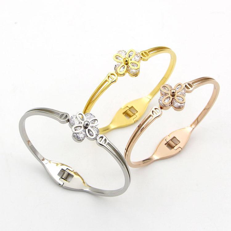 

YUN RUO Fashion Luxury Flower Bangle Zircon Inlay Lover Cuff Rose Gold Silver Color 316 L Stainless Steel Jewelry for Woman 20201