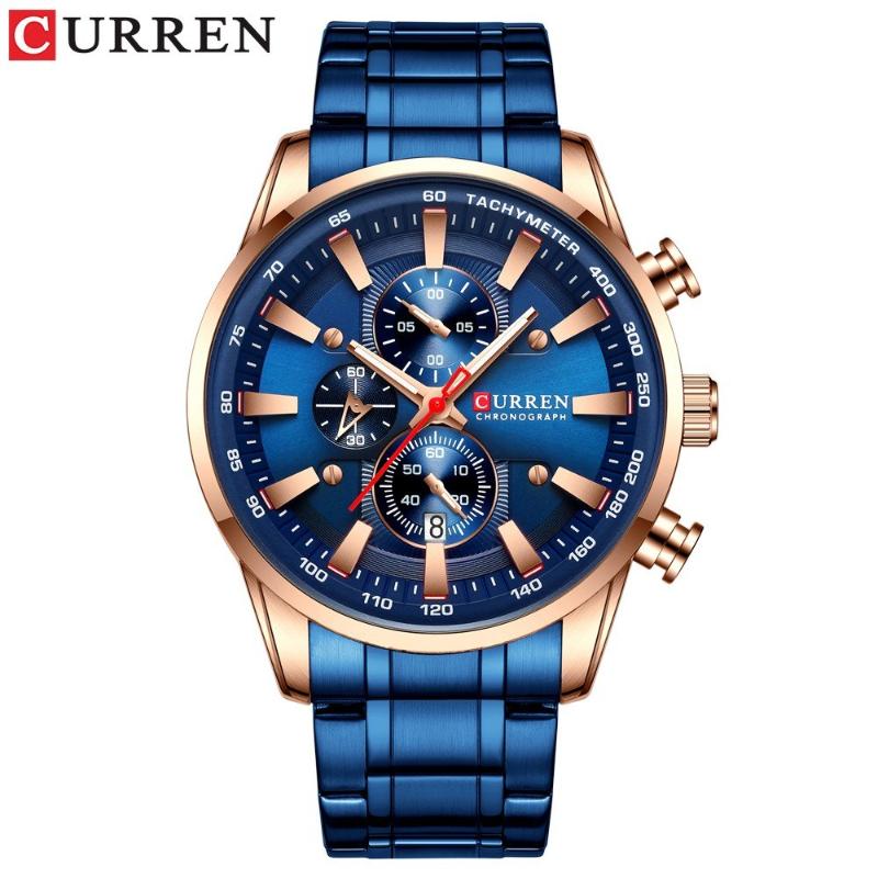 

Wristwatches Men Businiess Watch Fashion Classic Alloy Case Stainless Steel Band Wrist Exquisite Calendar Luminous Hands Waterproof, Blue