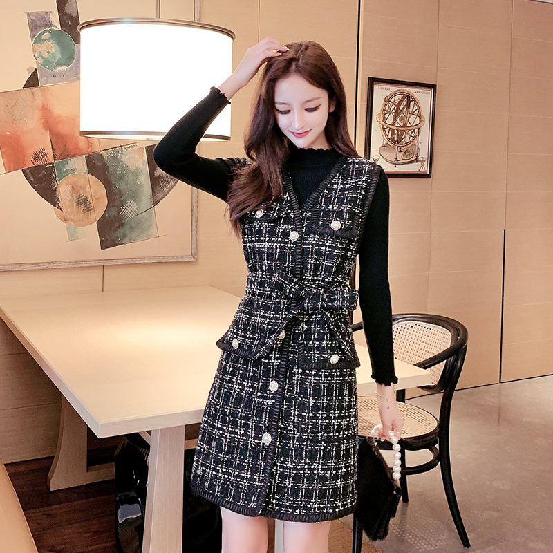 

2021 New Autumn Winter 2 Piece Set Overalls Women Warm Knitted Shirt Top+ Single Breasted Plaid Tweed Vest Coat J3xs, Vest dress