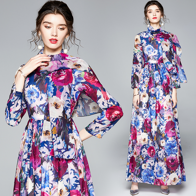 

2021 Long Runway High Quality Spring New Women's Boho Beach Fashion Elegant Chic Print Chiffon Es Robe Femme Waze, Purple