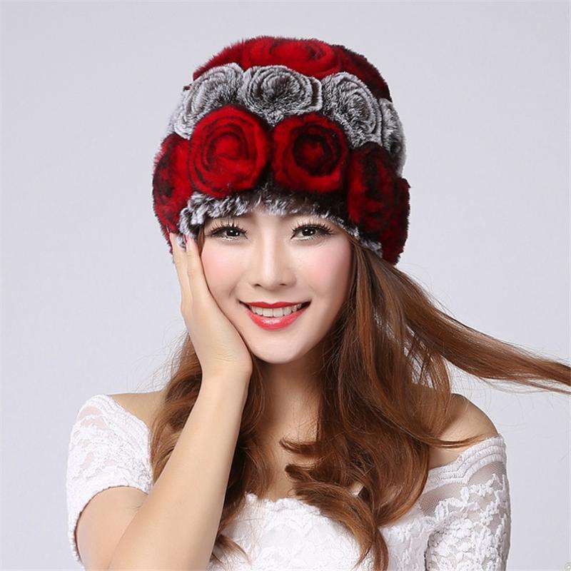 

Beanie/Skull Caps Winter Women 100% Natural Real Rex Rabbbit Fur Hats Lady Warm Soft Knit Flower Outdoor Beanies H7, White