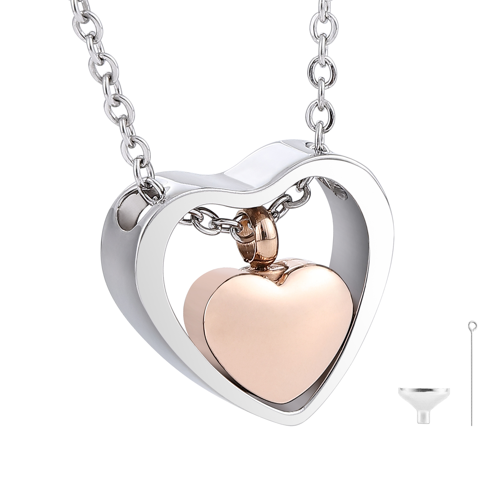 

Two Tone Double Heart Cremation Urn Necklace in Stainless Steel, Tiny Heart Urn Necklace, Loss of A Loved One, Heart Urn Gift, Silver