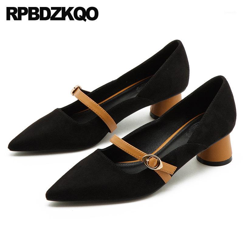 

slip on nude chunky suede thick pointed toe fashion women shoes 2019 black pumps block medium heels plus size1