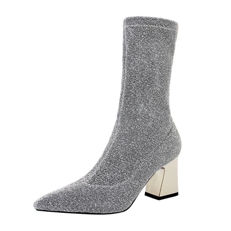 

New Fashion Women boots Sequined Cloth Stretch Fabric Mid-Calf 7CM Square heel High Heel Boots Women Shoes, See chart