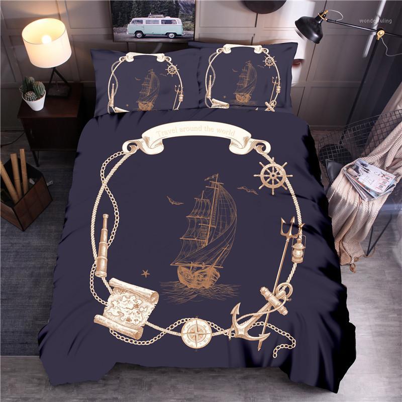

Sailboat Printing Bedding Set Skin-friendly Duvet Cover Pillowcase Set Quilt Cover Comforter jogo de cama1, Color 2