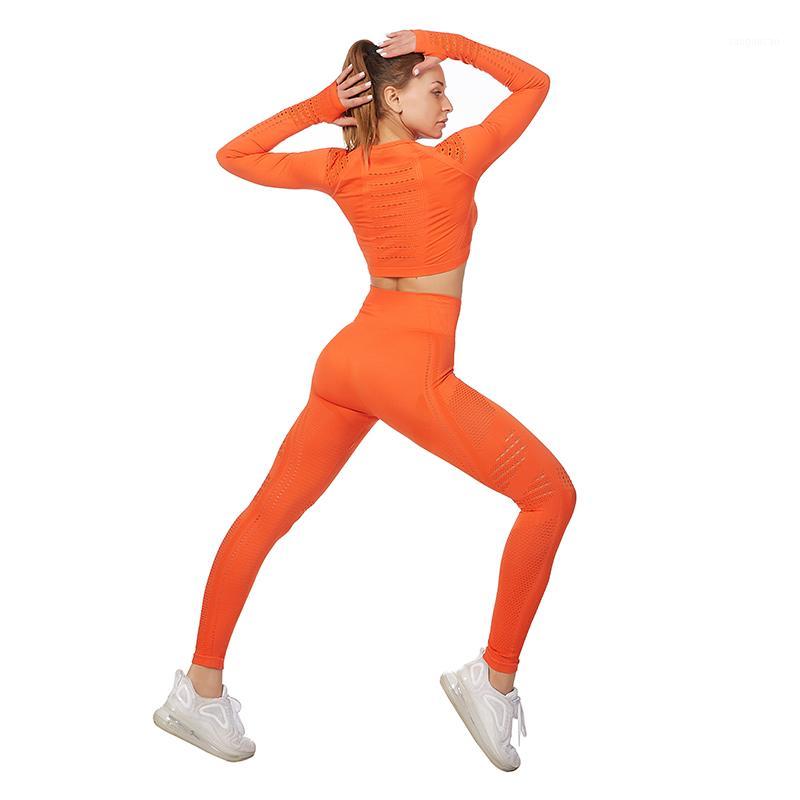 

2PCS Seamless Women Yoga Set Workout Sportswear Gym Clothing Fitness Long Sleeve Crop Top High Waist Leggings Sports Suits1, Yellow pants