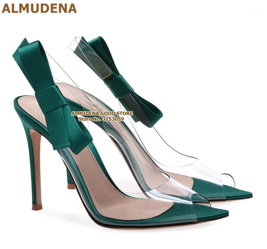 

ALMUDENA Emerald Satin Cloth Bowtie High Heel Pumps Clear PVC Pointed Toe Dress Shoes Slingback Open Toe Butterfly-Knot Sandals1, As picture