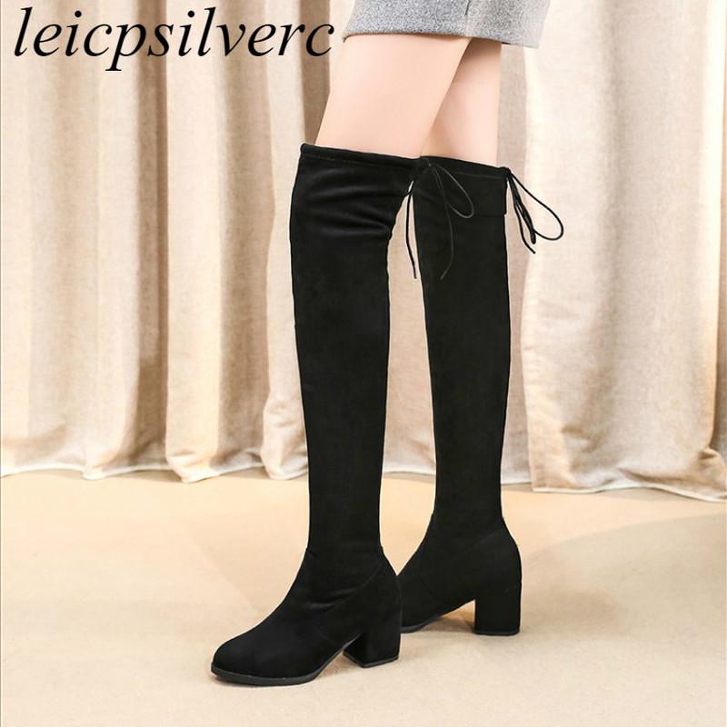 

Women Boots Autumn Winter Warm Stretch Boots High-heeled Over The Knee Round Toe 2020 Sexy New Fashion Flock Black