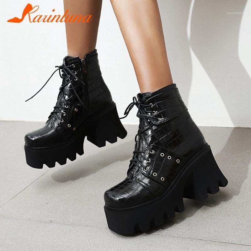 

Karin 2020 New Fashion Big Size 44 High Quality Platform Shoes Woman Boots Female Zip Up cross-tied Motorcycle Boots Female1, Black style 2