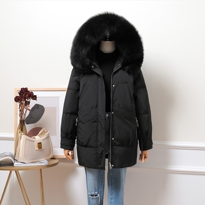 

Real 2021 New Natural Skin Collar Winter with Hot Hood Parka White Jacket Thicken Female Down Warm Loose Coat WP79, Beige