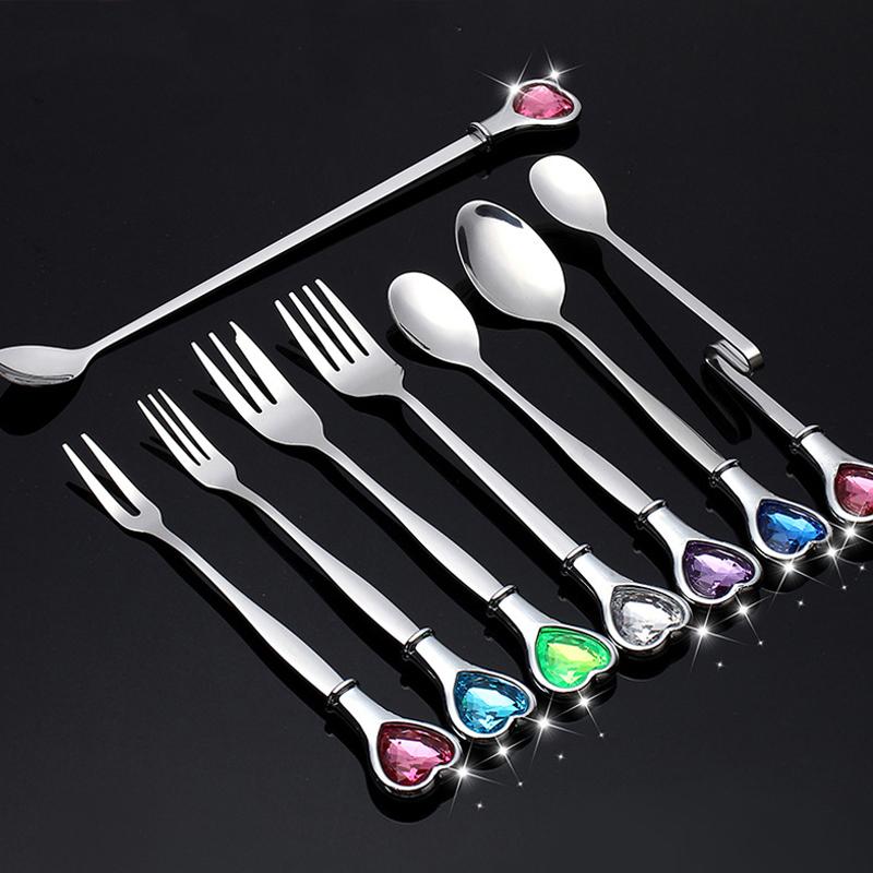 

Vacclo 1pc Stainless Steel Coffee Stir Spoon Colored Crystal Handle Lovely Kitchen Deesert Cake Scoop Salad Fruit Fork Tableware