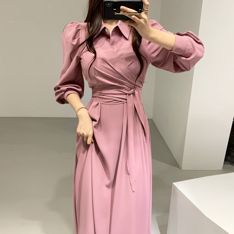 

Spring Summer 2021 New Women Long Sleeve Turn Down Collar Shirt Lace Up Ladies Casual Es Vestidos 5pjf, Pink