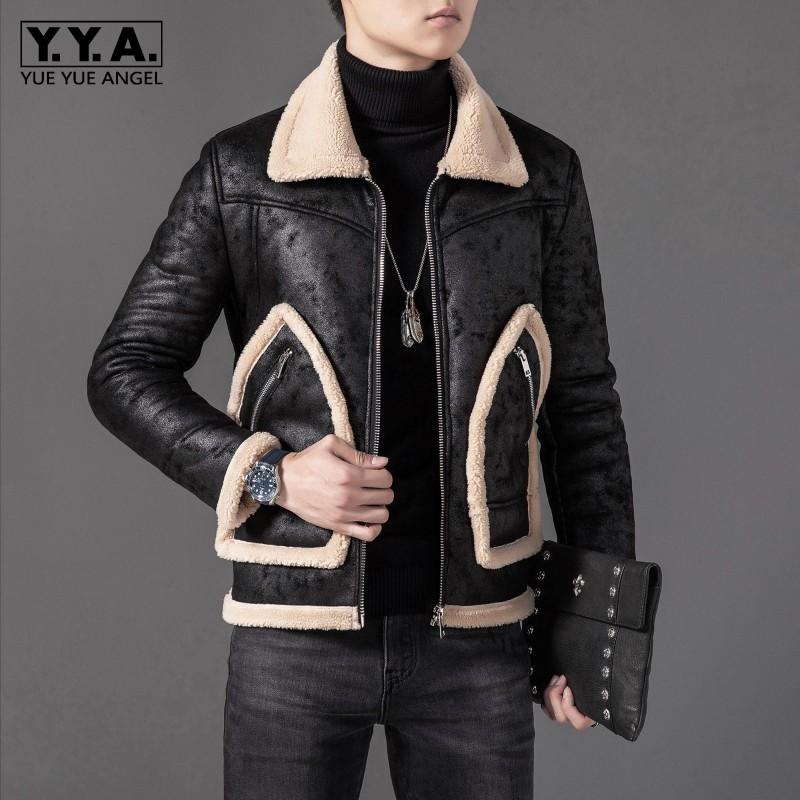 

Winter Mens Fleece Lining Faux Suede Leather Jacket Pockets Slim Fit Motorcycle Shearling Coat Vintage Flight Jackets Plus Size, Black