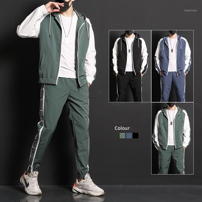 

Autumn Men Fashion Casual Tracksuit Sets Zipper Patchwork Jacket And Pants 2 pieces Set Sportswear male youth Streetwear Suit1, Black