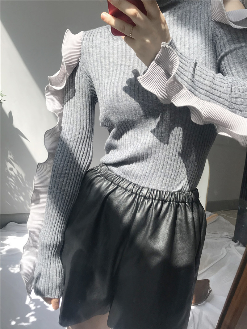 

2021 New Mulheres Blusas Outono Nova l Fina Ombro Frio Malhas Moda Fino Gola Turtular Camisa Inferior 9AFS, White