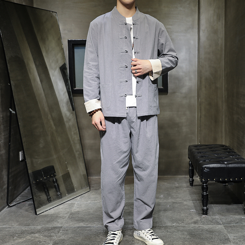 

2021 New Clothes Mens Track Set Sweatsuit Clothing for Men Chinese Style Cotton Linen Jacket +pants Suit Sets Plus 5xl Ja4j, Gray