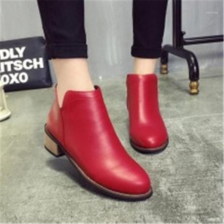 

Pu leather boots female autumn winter high heels ankle boots for women retro chunky heels shoes ladies plus size botas1, Black