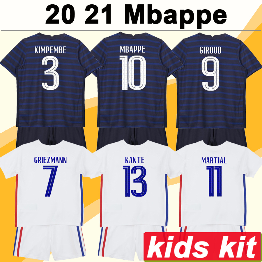 

2021 MBAPPE GRIEZMANN BENZEMA Kids Kit Soccer Jerseys POGBA GIROUD DEMBELE KANTE PAVARD Home Away Football Shirt Short Sleeve Child Uniforms, Tz969 2021 away no socks