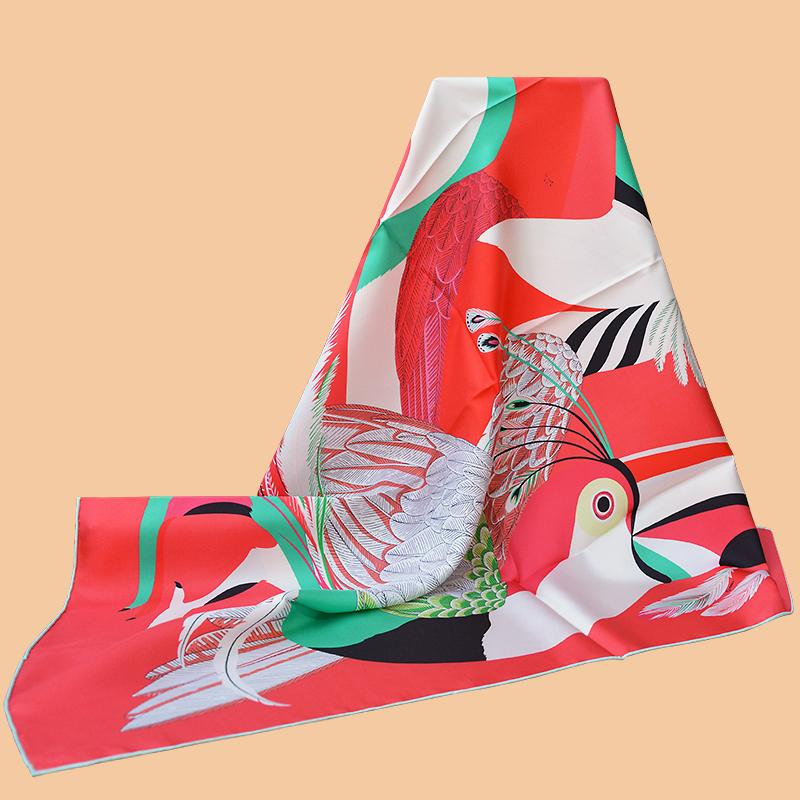 

HuaJun 2 Store||Watermelon Red "Toucans de Paradis" 90 Silk Square Scarf, Twill Printing, Anti-wrinkle, Hand Sewing