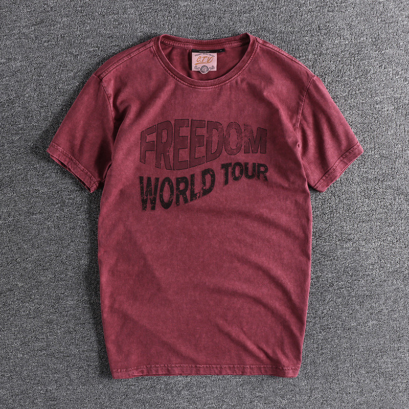 

2021 New Heavy Washing Old Retro Letter Print Youth Shirt Fashion European and American Summer Men's Round Neck Short-sleeved T-shirt Qhgl, Black