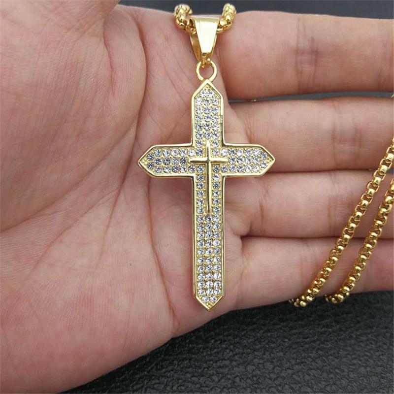 

Hip Hop Iced Out Bling Big Cross Pendants Necklaces For Men Stainless Steel Christian Jewelry Religious Dropshipping XL1136