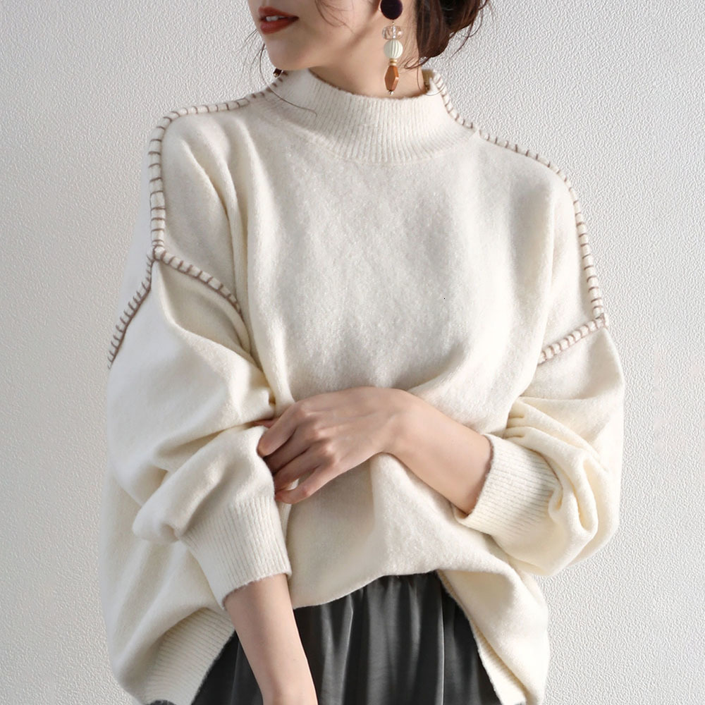 

2021 New Women Sweater Autumn Winter Korean Japan Loose Long Knitted Tops Stand Collar Batwing Sleeve Female Pullover Jumpers QRZE, White