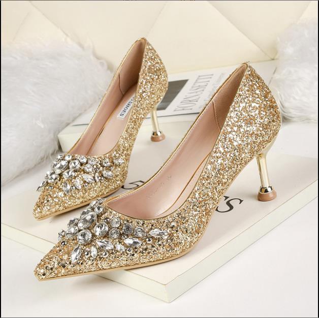 

Fashionable pointed, shallow high-heeled shoes with thin sequins for women's single shoes with thin heels and diamonds for women1, Black