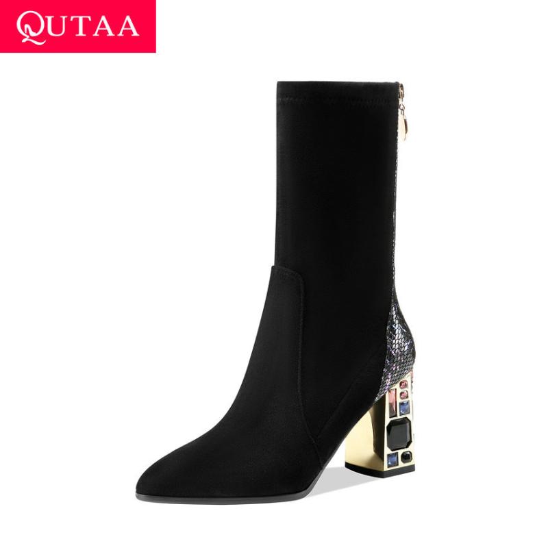 

QUTAA 2021 Pointed Toe Zipper Mid Calf Boots Crystal Square Heel Fashion Women Shoes Sheepskin Flock Short Boots Size 34-39, Black