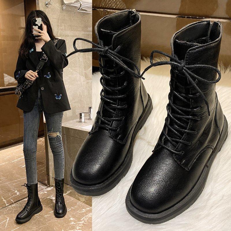 

Autumn and Winter New Ladies Boots Lace-up Casual Low Boots Plus Cashmere Warm Women's Flat Shoes PU Solid Color, Black