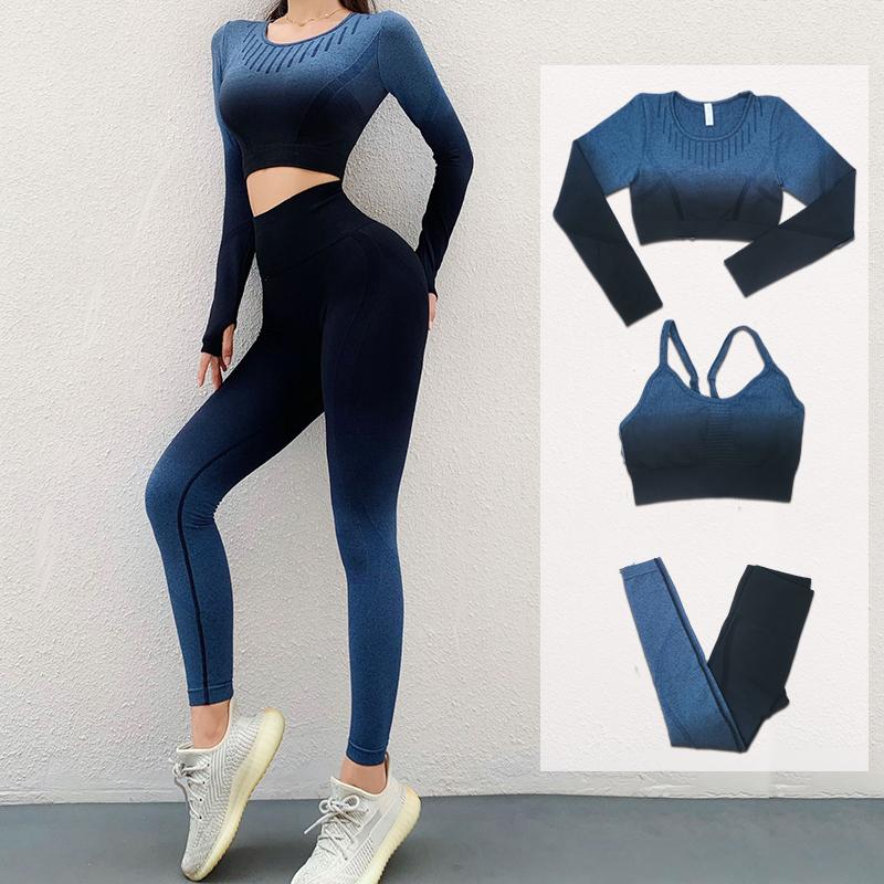 

Gradient Women Sport Wear Fitness Clothing Seamless Yoga Set Long Sleeve Crop Top Sports Bra High Waist Leggings 2/3PCS Gym Suit, Pink bra set