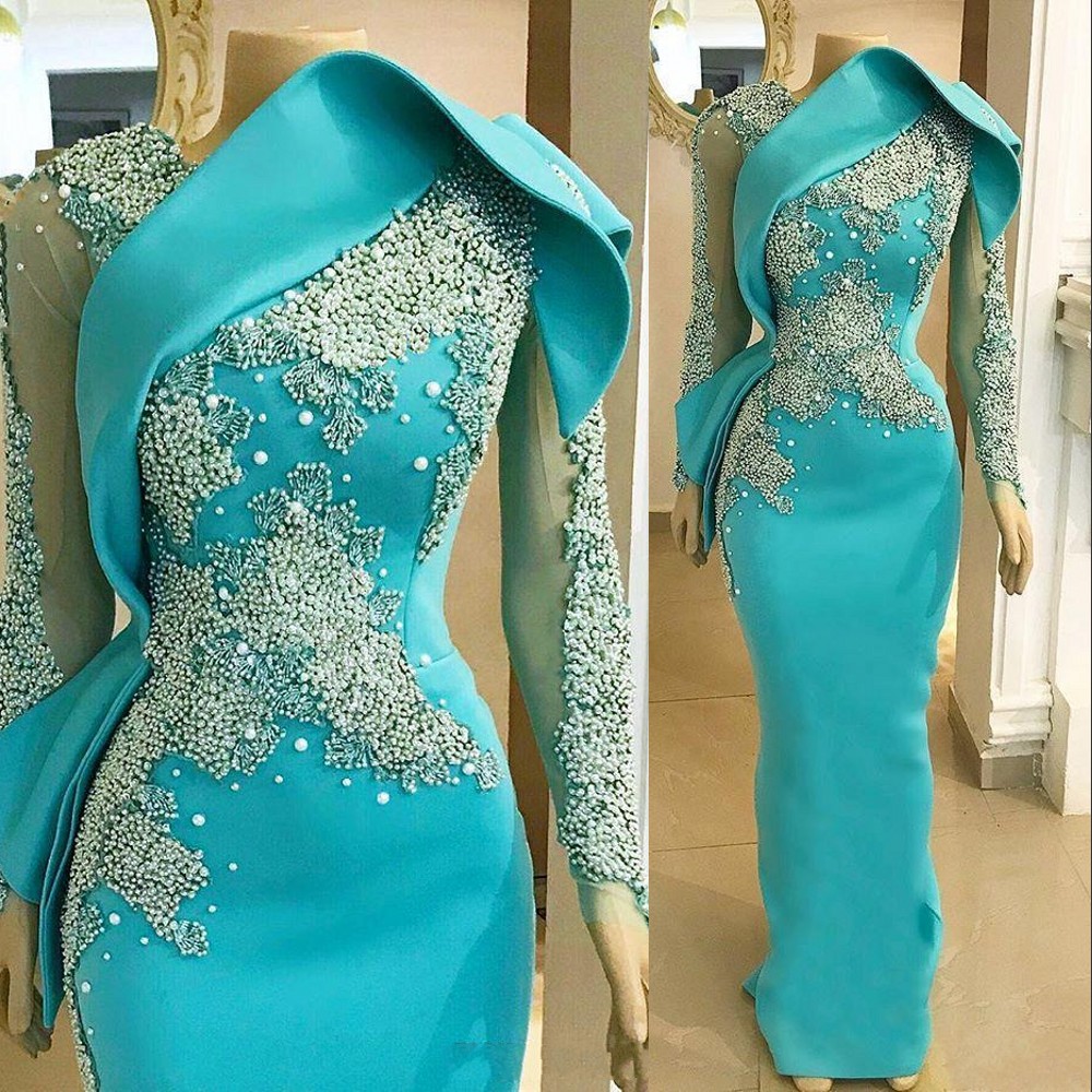 

2022 Arabic Sexy Turquoise Mint Evening Dresses Wear Jewel Neck Long Sleeves Pearls Beads Sheath Floor Length Formal Party Sheer illusion Prom Gowns, Gold