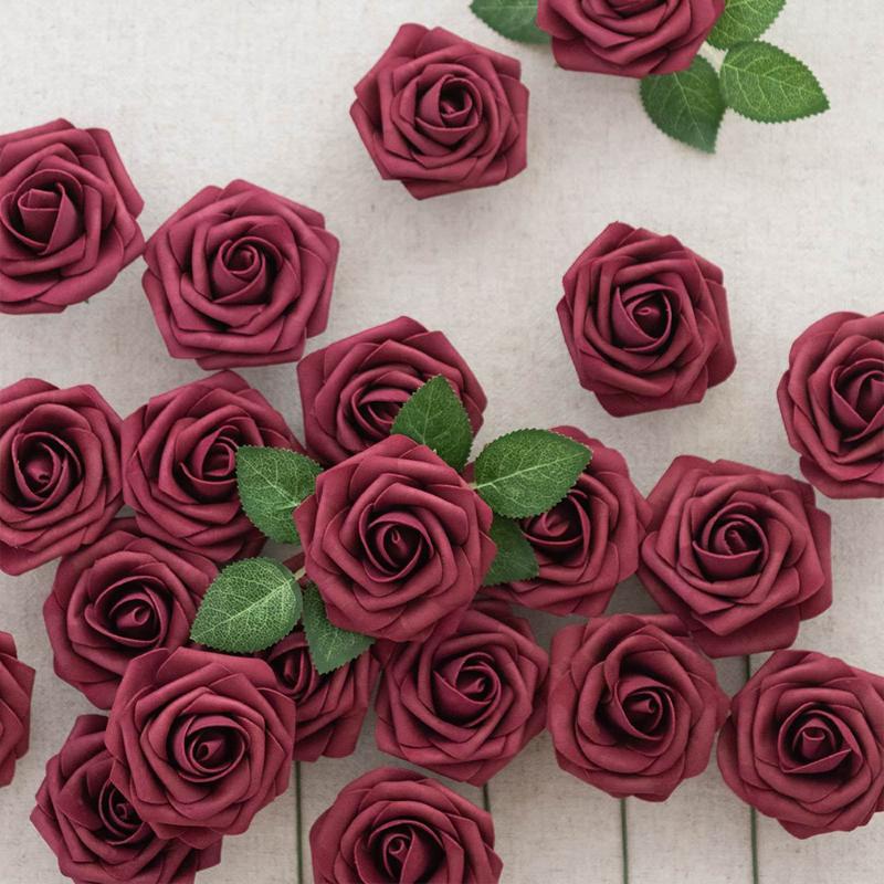 

25Pcs/Box Burgundy Rose Artificial Flower Heads Valentine's Day Flowers Wedding Decoration Fake Flowers DIY Handcraft Home Decor, Picture color 1