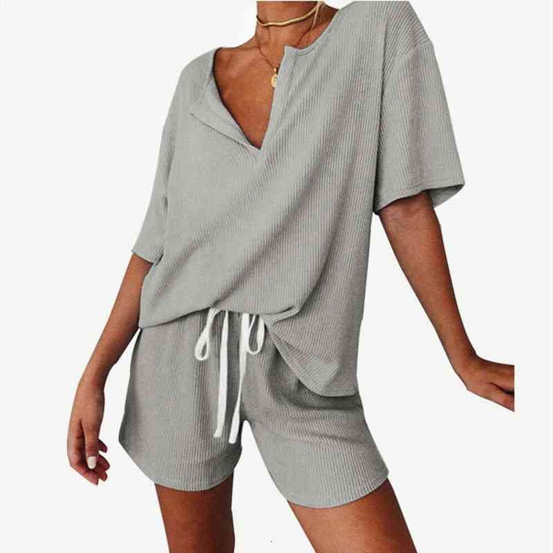 

womens temperament loose v-neck short sleeve shorts suit soild color summer tracksuit elastic waist women 2 piece sets, Gray