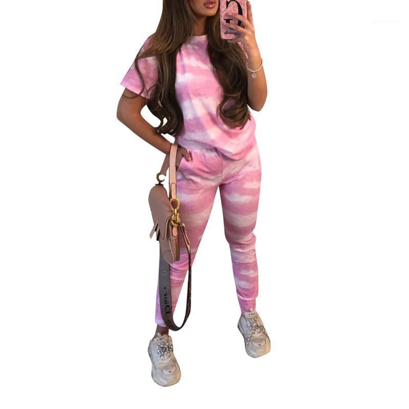 

Women Two Piece Sportwear Autumn Tie-Dye Print Short Sleeve T-shirt Tops Pants Two Piece Outfits Womens 2 Sets Women Sets1, As photo shows