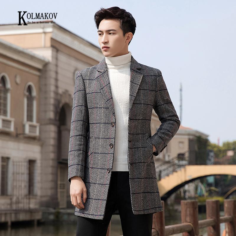 

KOLMAKOV 2020 New Winter Korean Style Men Tailored Collar Jacket Woolen Long Coat Casual Moire Stripe Overcoat Male Size 3XL, Gray