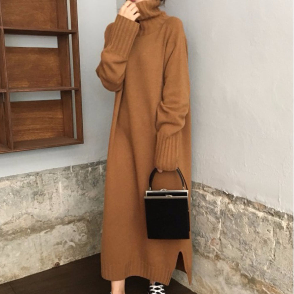 

2021 New Turtleneck Knitted Sweater Women Korean Causal Autumn Winter Noodles Elastic Sleeve Loose Pullover Long Dress Brown 0Y97