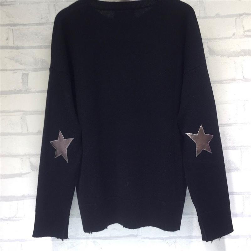

2021 Winter black violet Woman Cashmere Sweater Drop SHoulder FRAYED HEM Wide Sleeves with Star Patch Fashion Jumpers