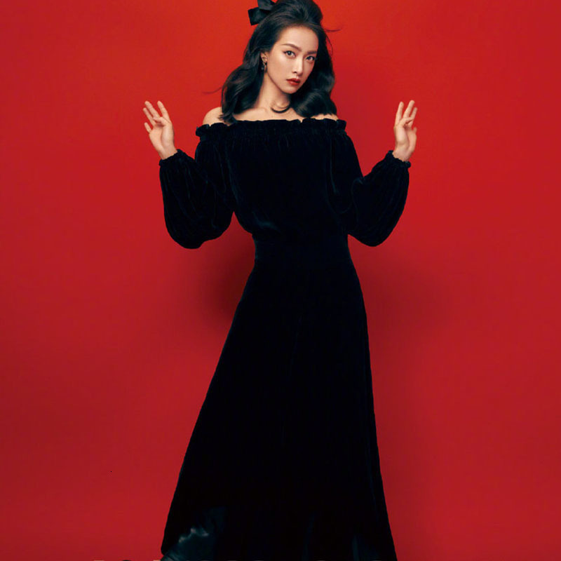 

2021 New Autumn Sexy Style a Neck Line Sleeve Self-cultivation Temperament Long Party Dress in Black Velvet Women's Clothes Xe83