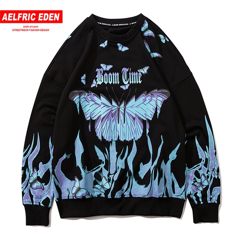 Hip Hop Hoodie Streetwear Sweat Automne Bleu Flamme Papillon Imprimer Harajuku Sweats À Capuche Coton Pull 201103
