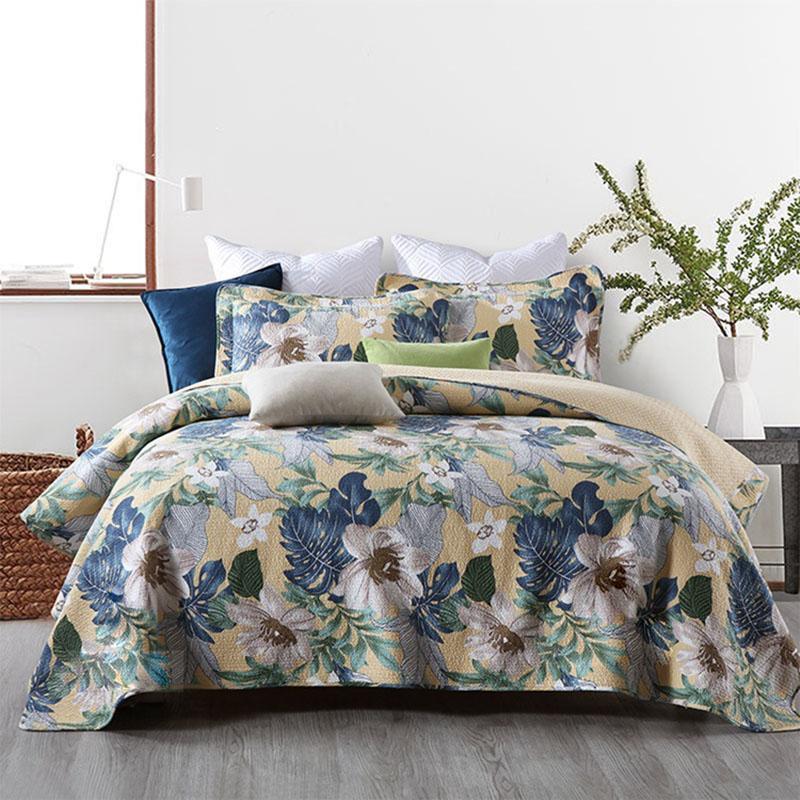 

CHAUSUB Cotton Bedspread on Bed Quilt Set 3pcs Flower Print Quilts Bed Cover Pillowcase  Queen Size Coverlet Quilted Blanket1, No5