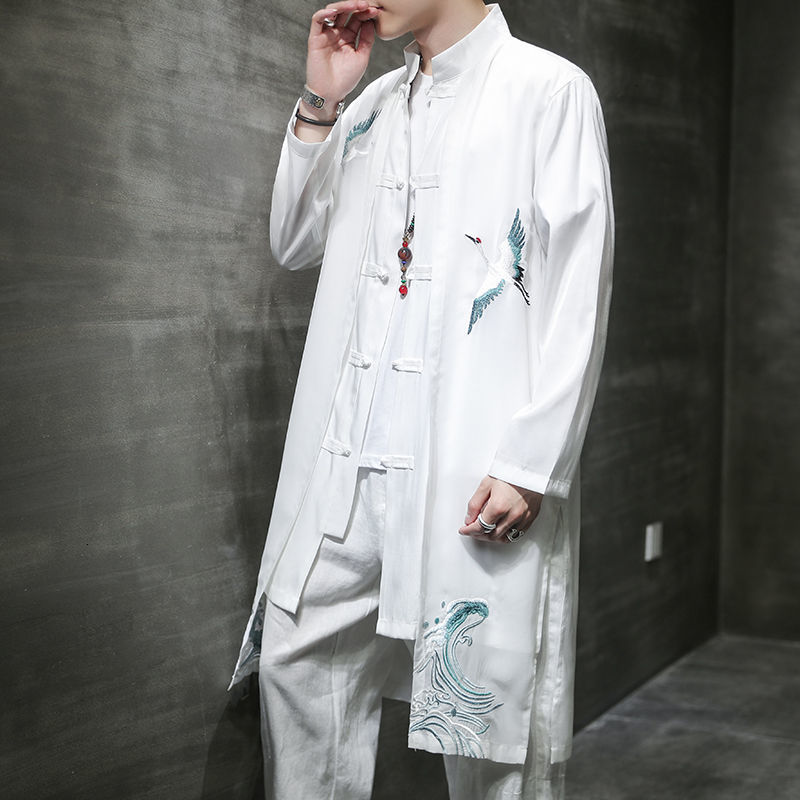 

2021 Autumn New Chinese Style Men's Embroidered Streetwear Vintage Coat Windbreaker Male Long Jackets Clothing Fashion Gb78, Black