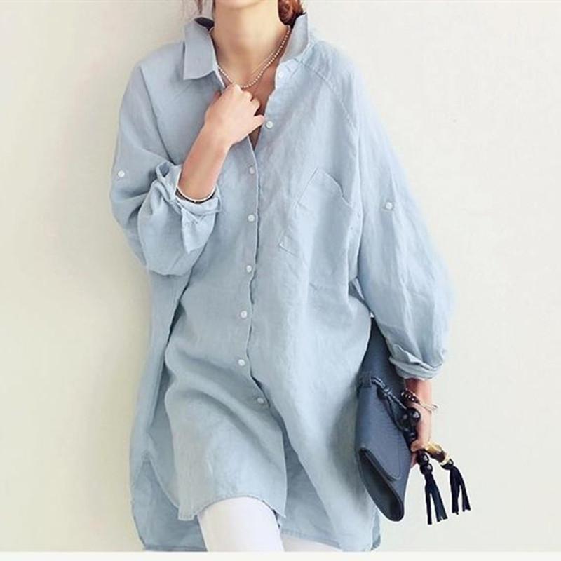

Autumn Cotton Linen Long Blouse Women Korean Harajuku Loose Plus Size Long-sleeved Solid Color Shirt Lady Back Button White Tops, Xq000731-white