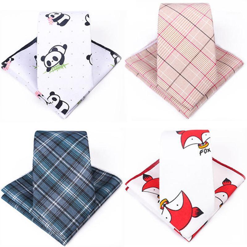 

New 7cm Slim Cotton Handkerchief Tie Set Pink Bule Anime Plaid Print Pocket Square Neck Tie For Man Gift Set Funny For Boy1
