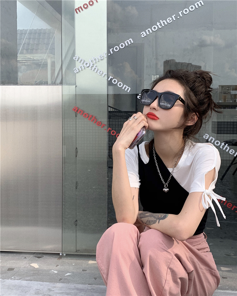 

2021 New Korean summer chic butterfly style tie short harvest top to women women's t-shirts femme shirt (j1228) OF69, Black sleeveless top