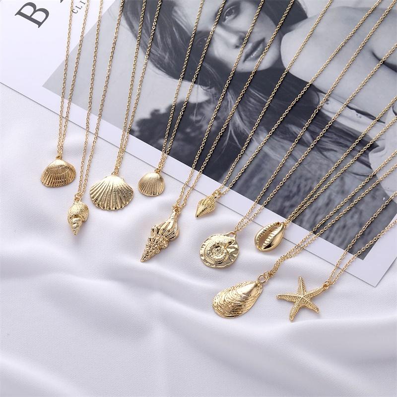 

FNIO Hot 2020 New Fashion Gold Color Alloy Shell Necklace For Women Starfish Conch Chain Pendant Necklace Summer Jewelry