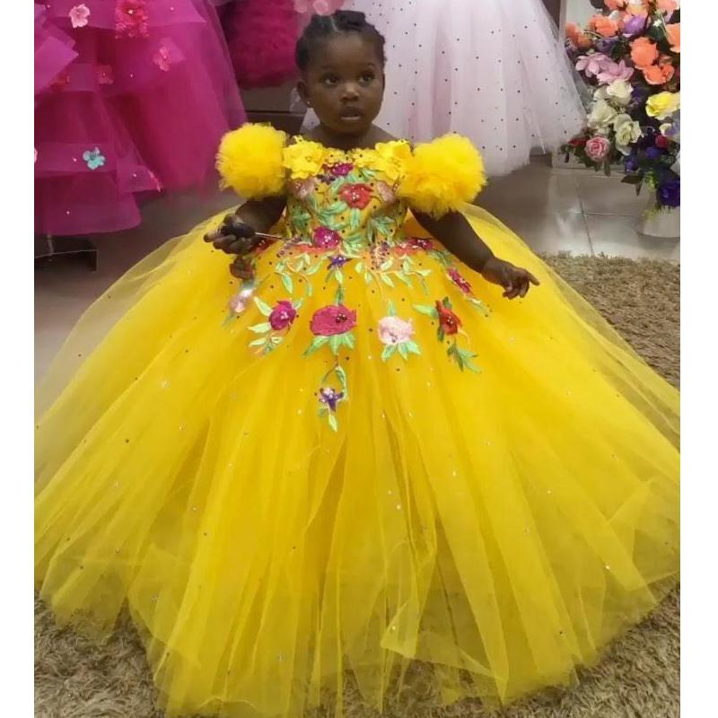 

Charming Yellow Puffy Skirt Flower Girls Dresses Short Sleeve Pearls Sequined Tier Tulle Kids Pageant Dress Toddler Prom Gowns, White