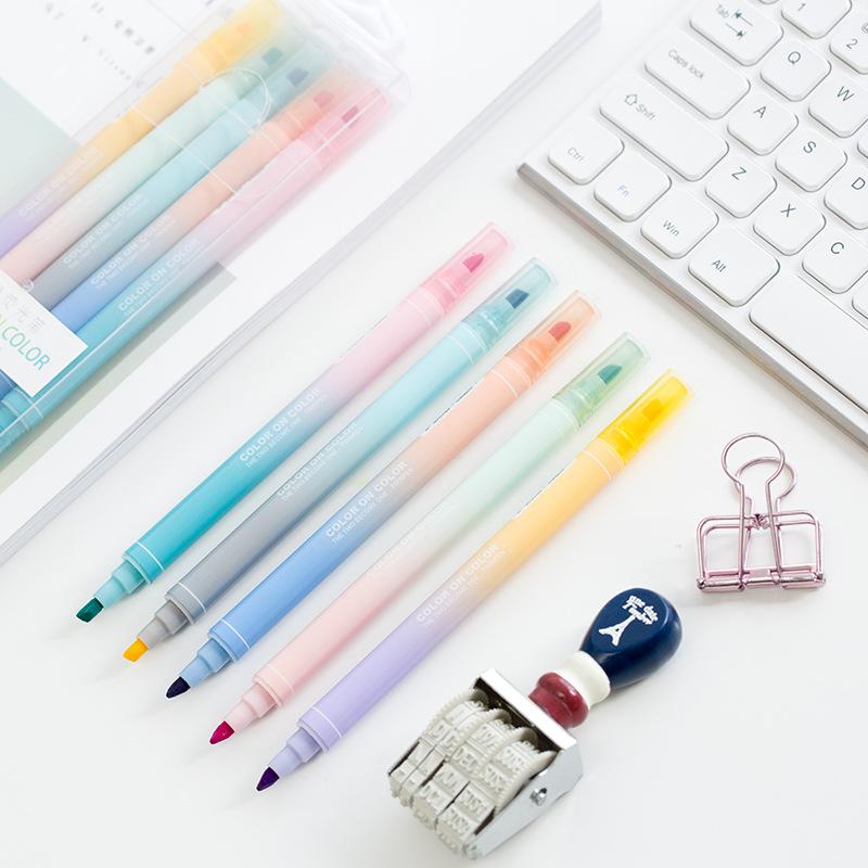 

5pcs Rainbow Pole Double Color Highlighter Pen Dual Side Writing Oblique Marker Liner Kids Gift Office School Supplies H6723