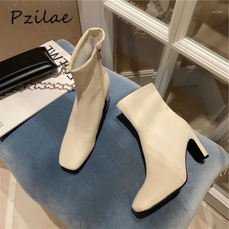 

Pzilae Autumn new arrival high heels women ankle boot female square toe ladies shoes PU leather zipper boots women 2020 beige1, Black