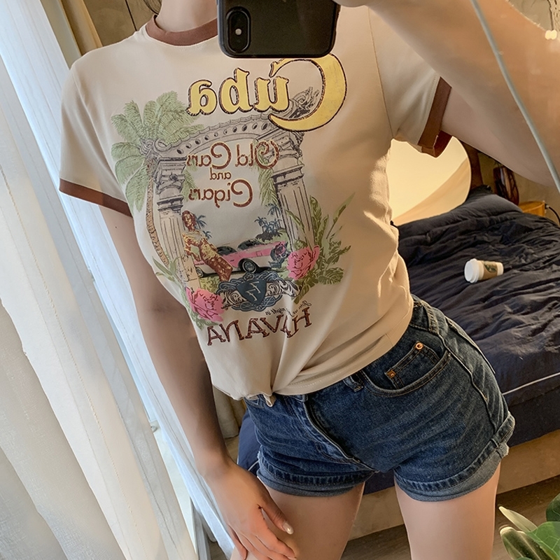 

2021 New Woman Cotton Clothes Women's T-shirt O-neck Short Print Casual Brown Shirts a Regular Size ACR9